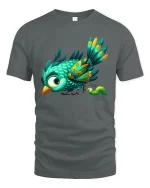 Cute Bird And Caterpillar Graphic Tee Colorful Nature Art T Shirt - gray t-shirt on white background