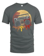 Retro Boombox Sunset Graphic Tee Vintage Music Art T Shirt - gray t-shirt on white background