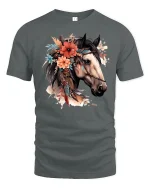 Floral Horse Portrait Graphic Tee Boho Western Art T Shirt - gray t-shirt on white background