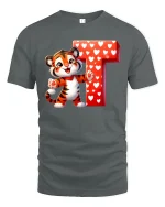 Cute Tiger Letter T Graphic Tee Sweet Heart Cartoon T Shirt - gray t-shirt on white background
