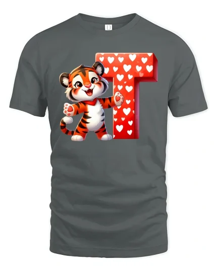 Cute Tiger Letter T Graphic Tee Sweet Heart Cartoon T Shirt - gray t-shirt on white background