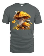 Mushroom Bee Nature Art Graphic Tee Whimsical Forest T Shirt - gray t-shirt on white background
