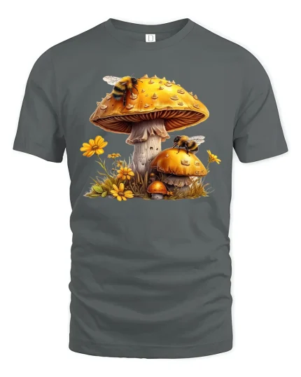 Mushroom Bee Nature Art Graphic Tee Whimsical Forest T Shirt - gray t-shirt on white background