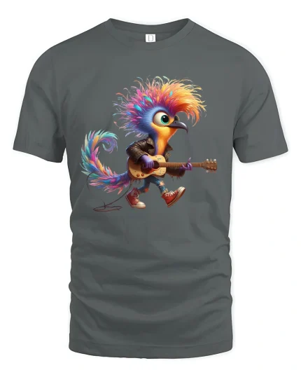 Rock Bird Guitar Graphic Tee Colorful Music Art T Shirt - gray t-shirt on white background