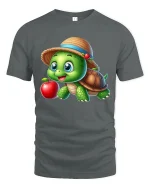 Cute Turtle Apple Graphic Tee Adorable Cartoon Nature T Shirt - gray t-shirt on white background