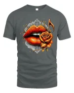 Rose Lips Music Note Graphic Tee Bold Artistic Love T Shirt - gray t-shirt on white background