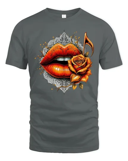 Rose Lips Music Note Graphic Tee Bold Artistic Love T Shirt - gray t-shirt on white background