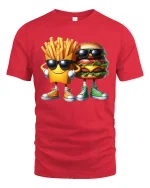 Funny Burger And Fries Graphic Tee Cool Cartoon Food T Shirt - red t-shirt on white background