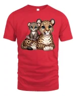 Cute Leopard And Cub Graphic Tee Adorable Wildlife Cartoon T Shirt - red t-shirt on white background