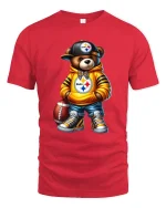 Cool Football Bear Street Style Graphic Tee Urban Fan Art T Shirt - red t-shirt on white background