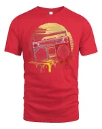 Retro Boombox Sunset Graphic Tee Vintage Music Art T Shirt - red t-shirt on white background