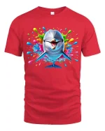 Colorful Dolphin Splash Graphic Tee Fun Ocean Art T Shirt - red t-shirt on white background
