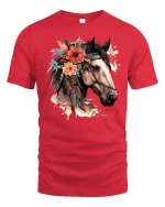Floral Horse Portrait Graphic Tee Boho Western Art T Shirt - red t-shirt on white background