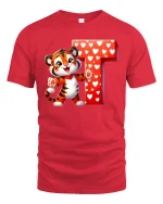 Cute Tiger Letter T Graphic Tee Sweet Heart Cartoon T Shirt - red t-shirt on white background