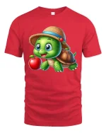 Cute Turtle Apple Graphic Tee Adorable Cartoon Nature T Shirt - red t-shirt on white background
