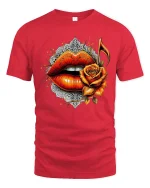 Rose Lips Music Note Graphic Tee Bold Artistic Love T Shirt - red t-shirt on white background