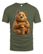 Cute Bear Honey Graphic Tee Adorable Cozy Cartoon T Shirt - military green t-shirt on white background