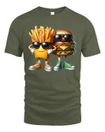 Funny Burger And Fries Graphic Tee Cool Cartoon Food T Shirt - military green t-shirt on white background