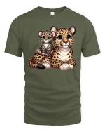 Cute Leopard And Cub Graphic Tee Adorable Wildlife Cartoon T Shirt - military green t-shirt on white background