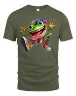 Funny Crazy Frog Cartoon Graphic Tee Colorful Playful Art T Shirt - military green t-shirt on white background