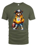 Cool Football Bear Street Style Graphic Tee Urban Fan Art T Shirt - military green t-shirt on white background