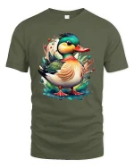 Colorful Duck Art Graphic Tee Cute Watercolor Animal T Shirt - military green t-shirt on white background