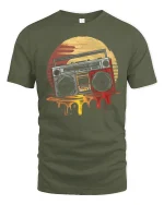 Retro Boombox Sunset Graphic Tee Vintage Music Art T Shirt - military green t-shirt on white background