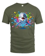 Colorful Dolphin Splash Graphic Tee Fun Ocean Art T Shirt - military green t-shirt on white background