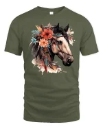 Floral Horse Portrait Graphic Tee Boho Western Art T Shirt - military green t-shirt on white background