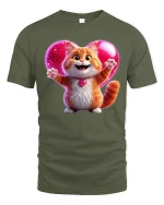 Cute Cat Heart Love Graphic Tee Adorable Valentine Style T Shirt - military green t-shirt on white background