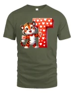 Cute Tiger Letter T Graphic Tee Sweet Heart Cartoon T Shirt - military green t-shirt on white background