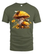 Mushroom Bee Nature Art Graphic Tee Whimsical Forest T Shirt - military green t-shirt on white background