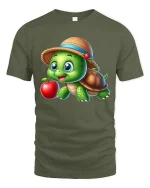 Cute Turtle Apple Graphic Tee Adorable Cartoon Nature T Shirt - military green t-shirt on white background