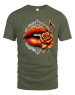 Rose Lips Music Note Graphic Tee Bold Artistic Love T Shirt - military green t-shirt on white background