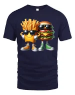 Funny Burger And Fries Graphic Tee Cool Cartoon Food T Shirt - navy t-shirt on white background