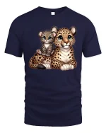Cute Leopard And Cub Graphic Tee Adorable Wildlife Cartoon T Shirt - navy t-shirt on white background