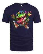 Funny Crazy Frog Cartoon Graphic Tee Colorful Playful Art T Shirt - navy t-shirt on white background