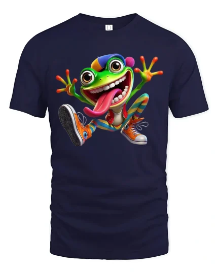Funny Crazy Frog Cartoon Graphic Tee Colorful Playful Art T Shirt - navy t-shirt on white background