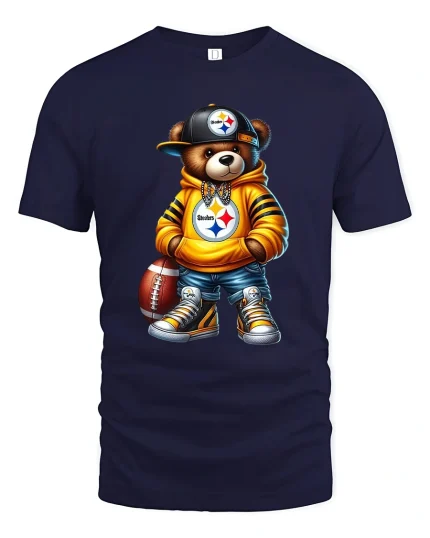 Cool Football Bear Street Style Graphic Tee Urban Fan Art T Shirt - navy t-shirt on white background