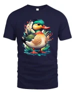 Colorful Duck Art Graphic Tee Cute Watercolor Animal T Shirt - navy t-shirt on white background