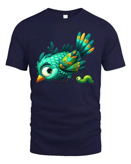 Cute Bird And Caterpillar Graphic Tee Colorful Nature Art T Shirt - navy t-shirt on white background
