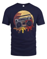 Retro Boombox Sunset Graphic Tee Vintage Music Art T Shirt - navy t-shirt on white background