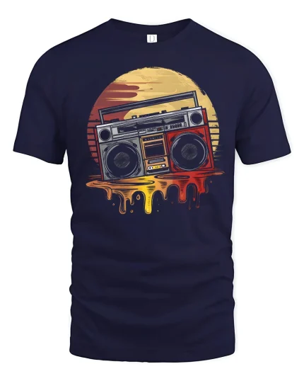 Retro Boombox Sunset Graphic Tee Vintage Music Art T Shirt - navy t-shirt on white background