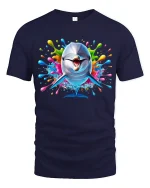 Colorful Dolphin Splash Graphic Tee Fun Ocean Art T Shirt - navy t-shirt on white background
