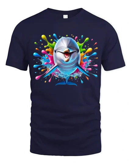 Colorful Dolphin Splash Graphic Tee Fun Ocean Art T Shirt - navy t-shirt on white background