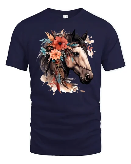 Floral Horse Portrait Graphic Tee Boho Western Art T Shirt - navy t-shirt on white background