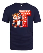 Cute Tiger Letter T Graphic Tee Sweet Heart Cartoon T Shirt - navy t-shirt on white background