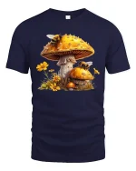Mushroom Bee Nature Art Graphic Tee Whimsical Forest T Shirt - navy t-shirt on white background