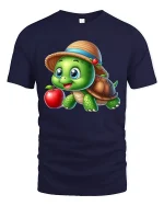 Cute Turtle Apple Graphic Tee Adorable Cartoon Nature T Shirt - navy t-shirt on white background