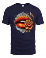 Rose Lips Music Note Graphic Tee Bold Artistic Love T Shirt - navy t-shirt on white background